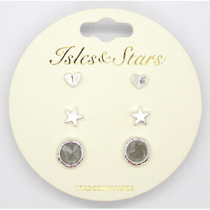 3 Sets of Round Stone, Star And Heart Earrings In Silver