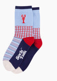 Embroidered Lobster Combed Cotton Socks in Blue/Red
