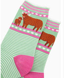 Women's Bamboo Socks - Green, Highland Cow and Calf