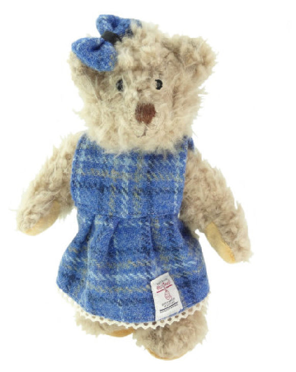 25cm Girl Teddy Bear with Harris Tweed Clothing in Light Blue Check