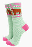 Women's Bamboo Socks - Green, Highland Cow and Calf