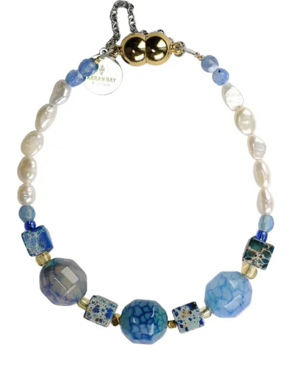 Freshwater Nugget Pearls, Navy and Blue Dragon Vein Agates and Jasper Stone Bracelet With Stainless Steel Magnetic Clasp.