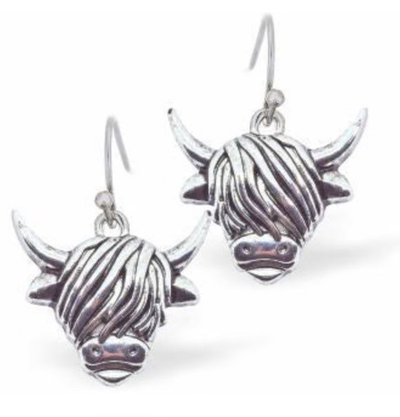 Silver Coloured Long Horn Highland Cow Drop Earrings, Rhodium Plated