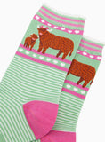 Women's Bamboo Socks - Green, Highland Cow and Calf