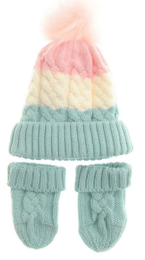 Pink, White, Mint Cable Knit Bobble Hat and Mittens, Age 0-12 months