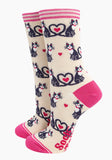 Women's Bamboo Socks - Cream, Cats Love Heart Tails Size 3-7 UK