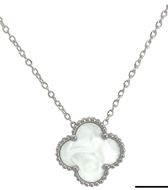 White Four Leaf Clover Pendant Necklace, Silver Coloured