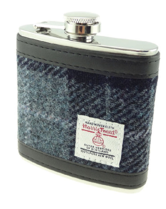 6oz Harris Tweed Hip Flask in Grey / Black Tartan
