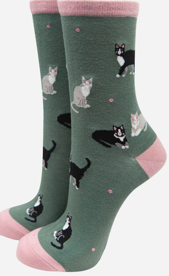 Women’s Cat Duo Print Bamboo Socks, Sage Green