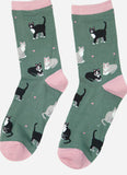 Women’s Cat Duo Print Bamboo Socks, Sage Green