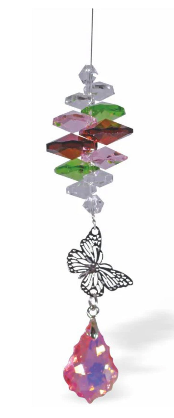 Austrian Crystal Suncatcher with Multi-Coloured Crystals with Rose Pink Baroque and Butterfly Link