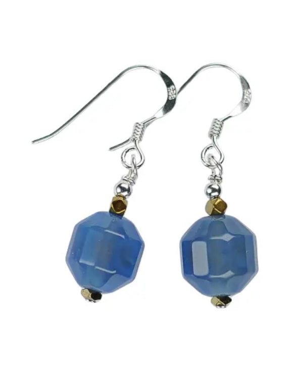 Blue Hexagon Agate Stone Earrings With Sterling Silver Earwires