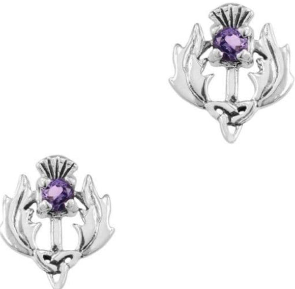 Scottish Thistle Silver Earrings with Amethyst Colour Stone