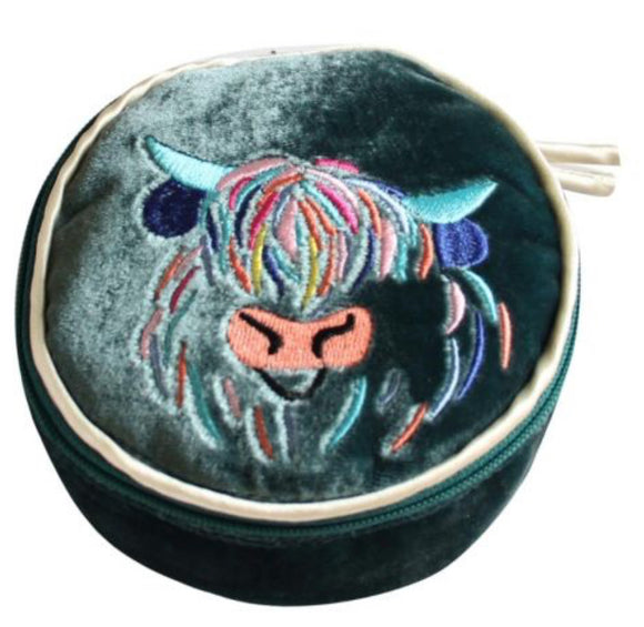 Teal Cow Velvet Jewellery Pouch