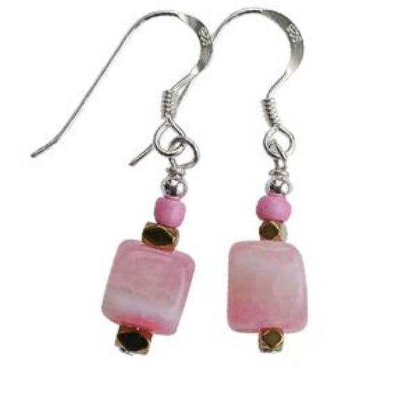 Ice Cream Pink Pastel Agate, Hematite& Cat’s Eye Earrings With Sterling Silver Earwire