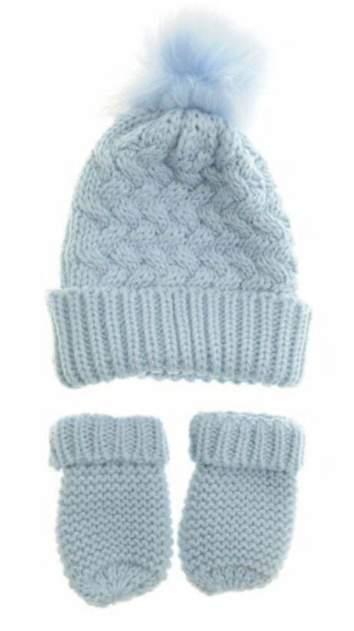 Blue Woolly Bobble Hat and Mittens, Age 0-12months