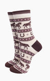 Horse & Horseshoe Stripe Women's Bamboo Socks in Cream, Size 3-7 UK