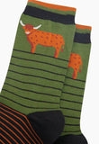 Highland Cow Striped Bamboo Socks in Green Sizes 7-11 UK