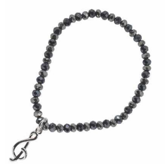 Stretch Charm Bracelet With A Treble Clef Rhodium Plated Charm And Granite Grey Coloured Beads