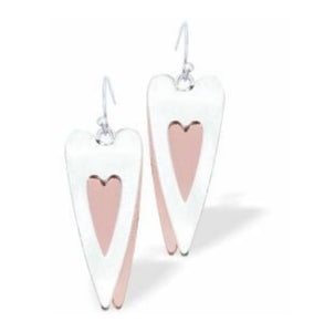 Long Wild Heart Drop Earrings In Silver And Rose Gold, Rhodium Plated