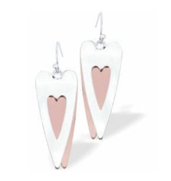 Long Wild Heart Drop Earrings In Silver And Rose Gold, Rhodium Plated