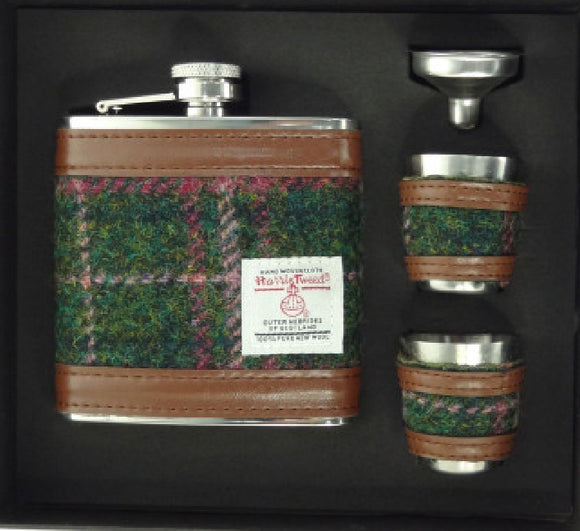 6oz Harris Tweed Hip Flask Gift Set in Gift Box in Dark Green & Plum Check