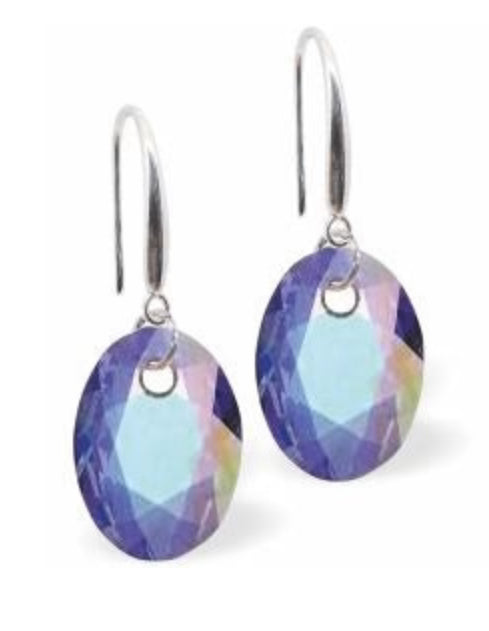 Austrian Crystal Multi Faceted Oval Elliptic Drop Earrings in Aurora Borealis