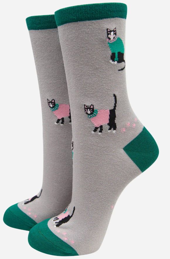 Women’s Cat Duo Print Bamboo Socks, Green
