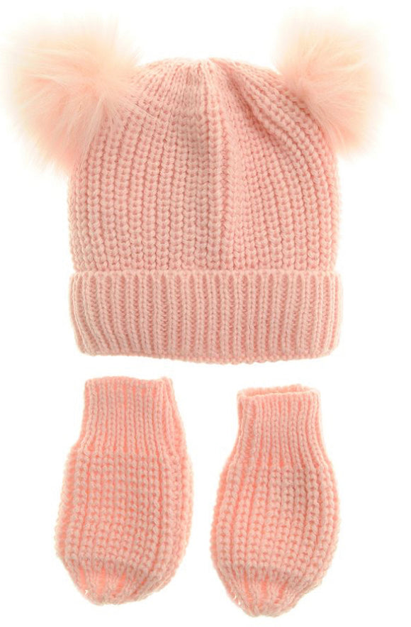 Pink Double Bobble Hat and Mittens, Age 0-12 months