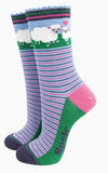 Women's Bamboo Socks - Blue, Sheep and Lamb, Size 3-7 UK