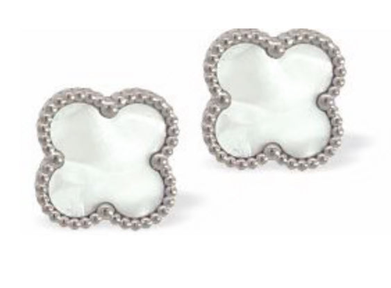 White Four Leaf Clover Stud Earrings, Silver Coloured