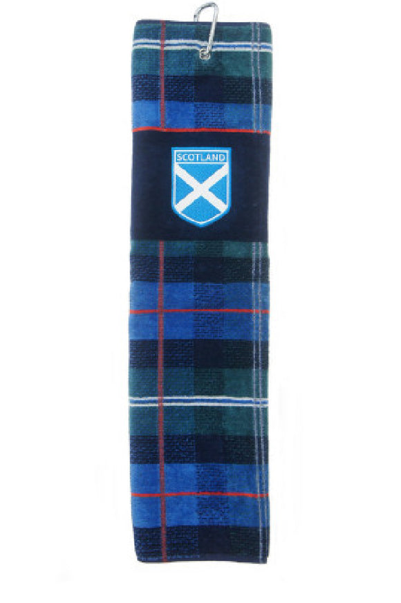 Embroidered Blue Tartan Golf Towel - Saltire Shield