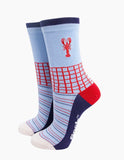 Embroidered Lobster Combed Cotton Socks in Blue/Red