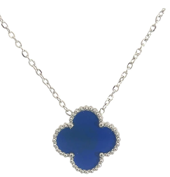 Blue Four Leaf Clover Pendant Necklace, Silver Coloured