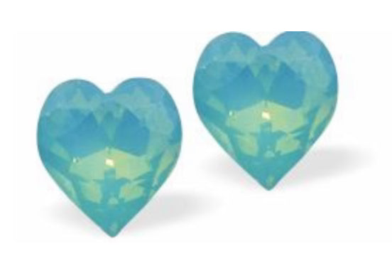 Austrian Crystal Heart Stud Earrings in Pacific Opal Blue.