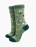 Garden Ladybird & Butterfly Bamboo Socks in Green, Size 3-7 UK