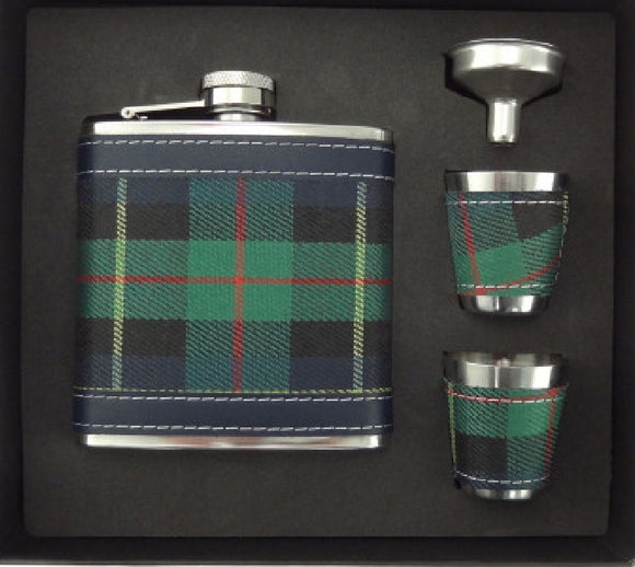 6oz GreenTartan Hip Flask Gift Set - Boxed