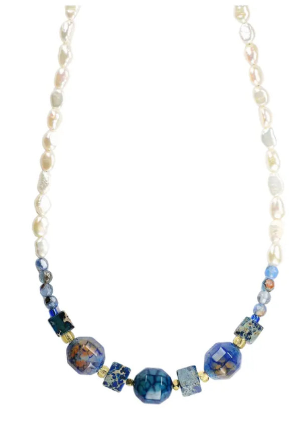 Freshwater Nugget Pearls, Navy and Blue Dragon Vein Agates and Jasper Stone Necklace, Stainless Steel Magnetic Clasp.