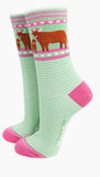 Women's Bamboo Socks - Green, Highland Cow and Calf
