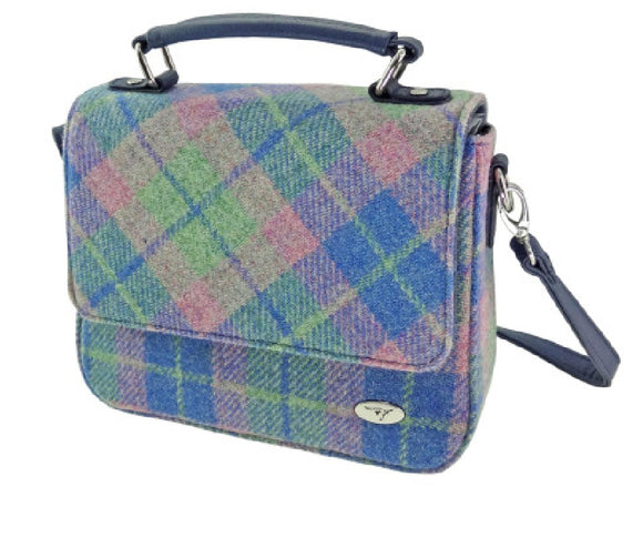 Harris Tweed 'Thurso' Square Bag in Soft Blue and Pink Tartan