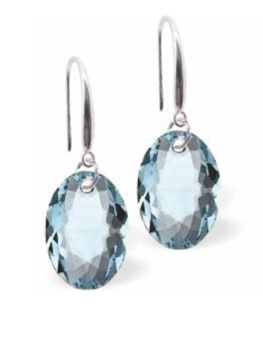 Austrian Crystal Multi Faceted Oval Elliptic Drop Earrings in Aquamarine Blue