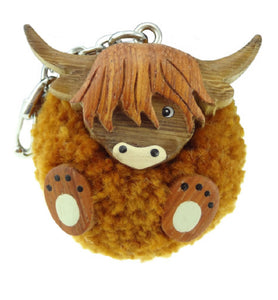 Wooden Highland Cow Pom-Pom Key Ring