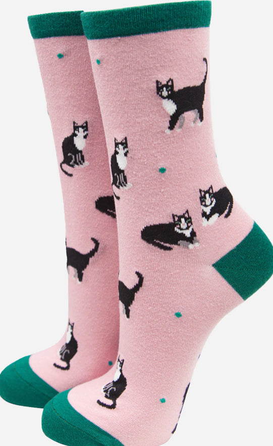 Women’s Cat Duo Print Bamboo Socks, Pink