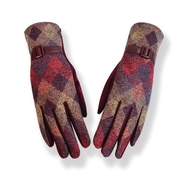 Purple Diamond Check Gloves With Strap