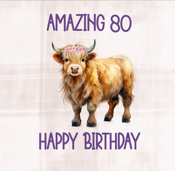 Amazing 80, Happy Birthday (Highland Cow Female)