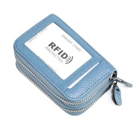 Rfid Real Leather Double Zip Card Holder Coin Purse, Denim Blue