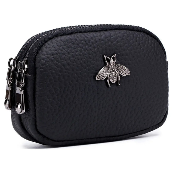 Real Leather Double Zipper Bee Coin Purse, Black