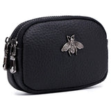 Real Leather Double Zipper Bee Coin Purse, Black