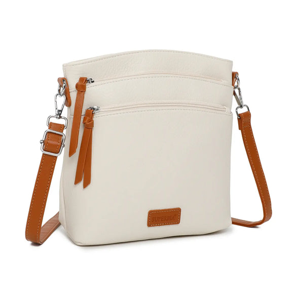 3 Zipper Two-Toned Silver Hardware Cross Body Bag, Beige