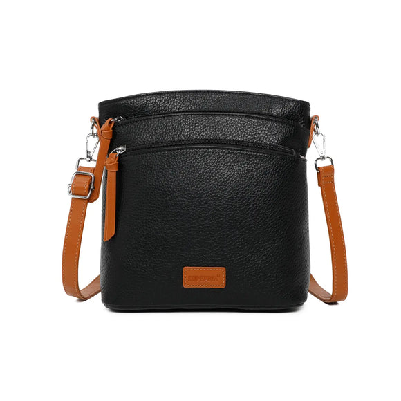 3 Zipper Two-Toned Silver Hardware Cross Body Bag, Black